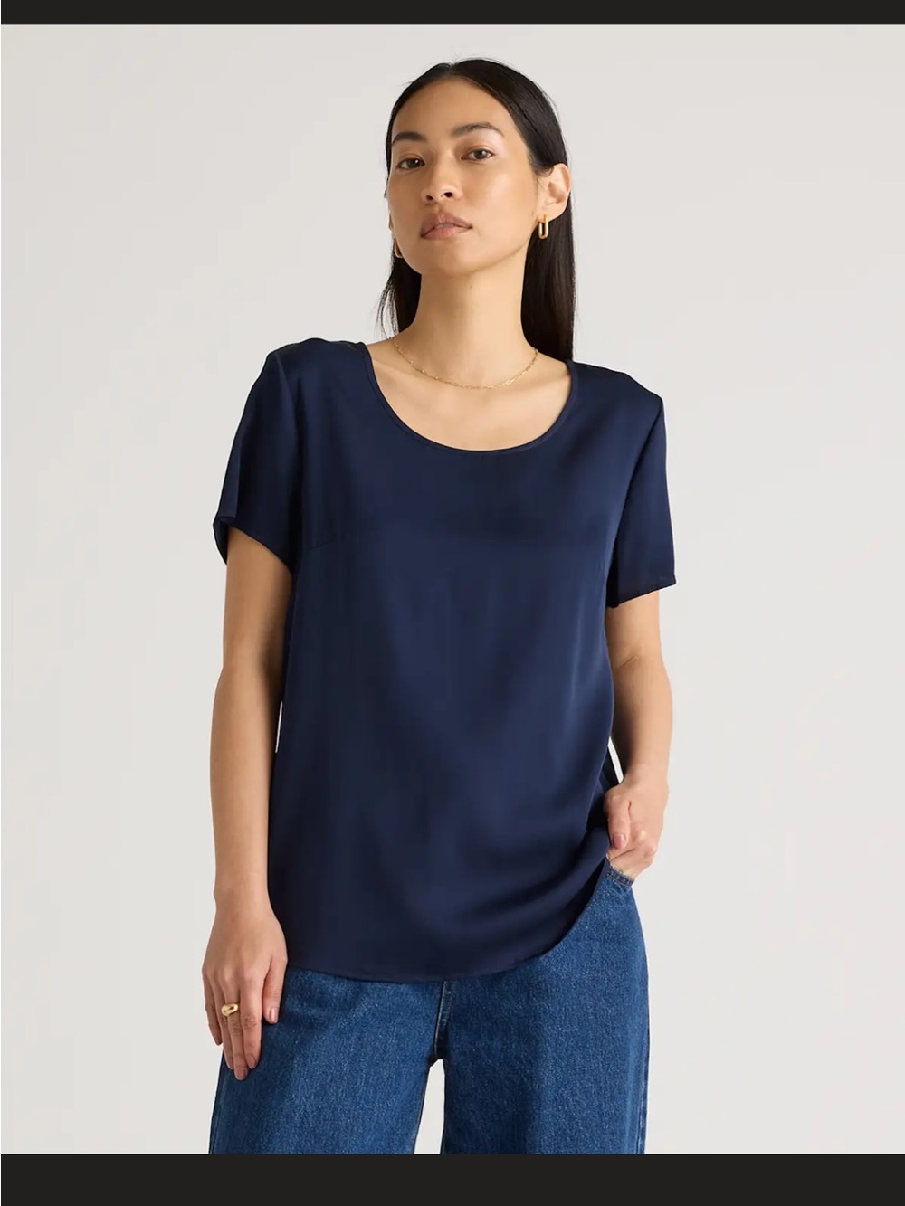 Quince Classic Navy Washable Stretch Silk Tee size Large